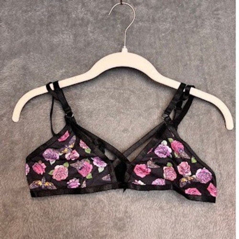 Hot Topic Womens Small Black Floral‎ Butterfly Strappy Cage Bralette Adjustable